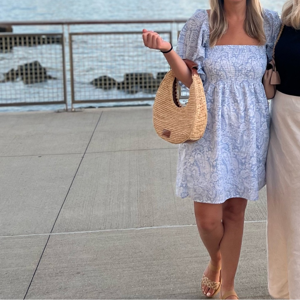 Blue and White Floral Dress with Balloon Sleeves